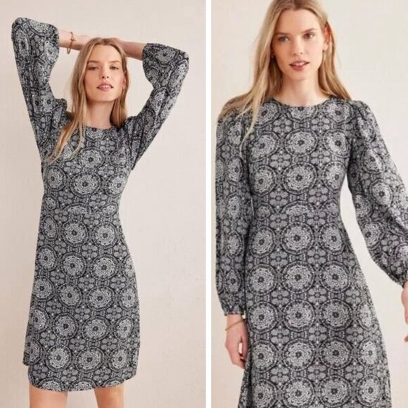 NEW Boden Crew Neck Print Mini Dress Black Paisley Pop Bohemian Preppy Retro - Picture 1 of 10